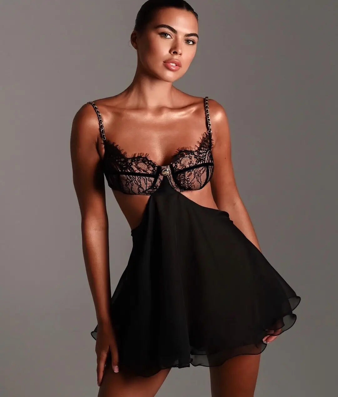 Toptan Siyah Dantel Zincirli Babydoll Elbise - ön görünüm - Ürün Kodu 4318